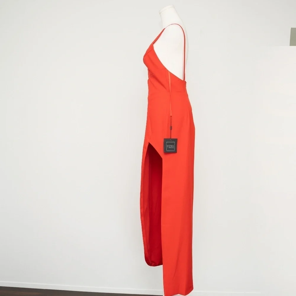 Ieena Mac‎ Duggal Red Thin Strap Cutout V-Neck High Slit Gown Dress 27434